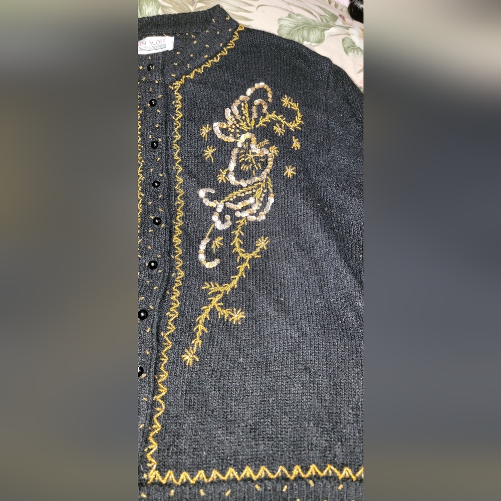 #017 Karen Scott- Black Sequined Front Button-up Sweater Cardigan- Sz. XL - Picture 12 of 14